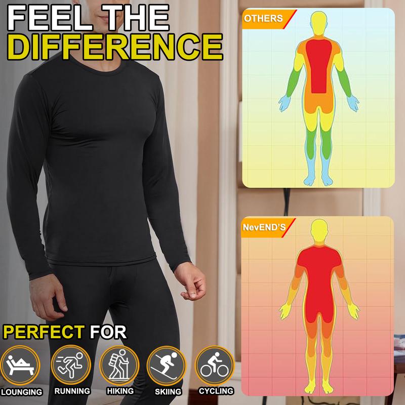 NevEND Long Johns Microfiber Soft Fleece Lined Thermal Underwear for Men Crewneck Set Winter Warm Base Layer Top & Bottom Black S - 2XL Menswear Sweat