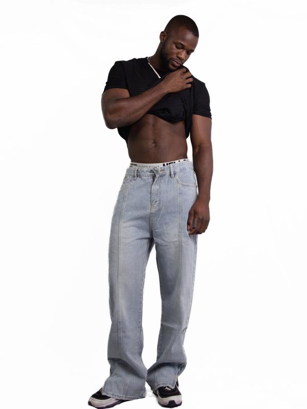 Men's Retro Washed Straight-Leg Jeans with Split Zipper at the Trouser Hem