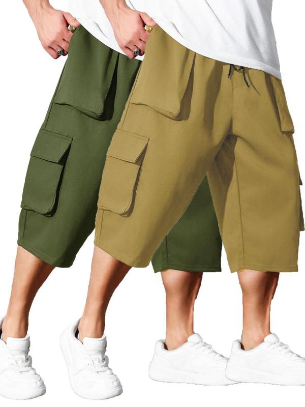  Men's Solid Flap Pocket Drawstring Waist Capri Cargo Pants, Street Regular Fit Capri Mens Shorts Pants for Daily Wear, Mens Pants, Men's Bottoms