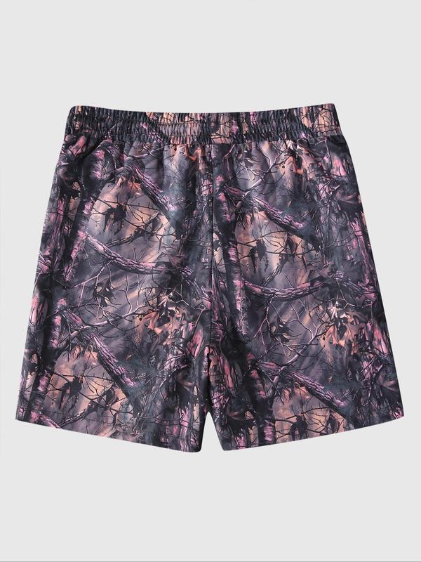 Men's Leaf & Letter Print Drawstring Waist Shorts, Regular Fit Casual Pocket Shorts for Summer, Men's Bottoms for Daily Wear