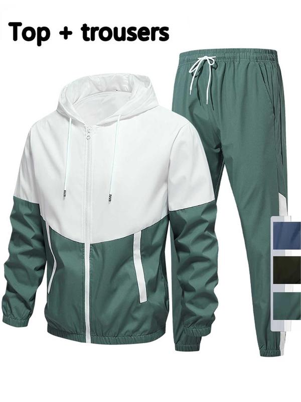 Men's Colorblock Zip Up Hoodie & Drawstring Waist Pants Two-piece Set, Regular Fit Casual Long Sleeve Hooded Sweatshirt & Pocket Trousers, Men's Fall & Winter Clothes