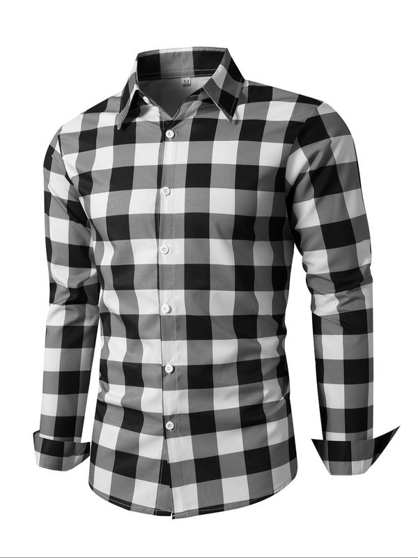 Men's Random Plaid Print Button Front Shirt, Regular Fit Casual Long Sleeve Collared Top for Fall & Winter, Men's Clothes for Daily Wear, Fall Outfits, Fallfreshness,  School Tops