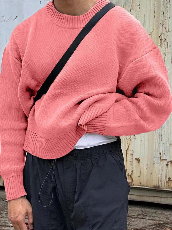 Men's Solid Drop Shoulder  Sweater Pullover, Loose Casual Long Sleeve Round Neck Jumper for Fall & Winter, Fashion Men's Knitwear for Daily Wear