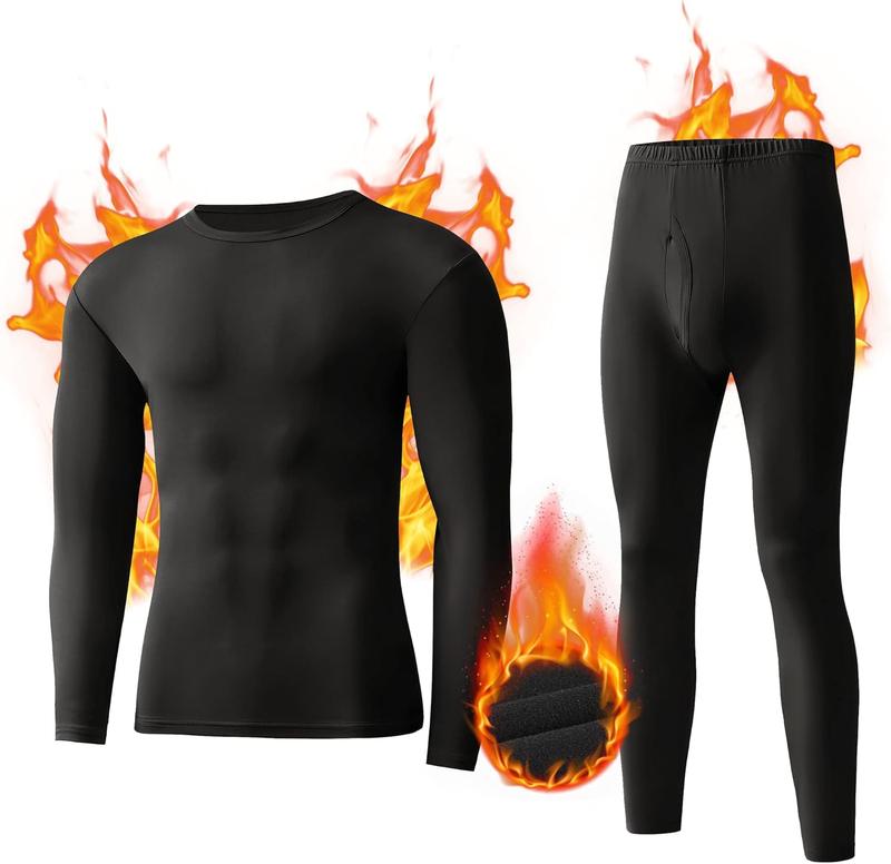 NevEND Long Johns Microfiber Soft Fleece Lined Thermal Underwear for Men Crewneck Set Winter Warm Base Layer Top & Bottom Black S - 2XL Menswear Sweat