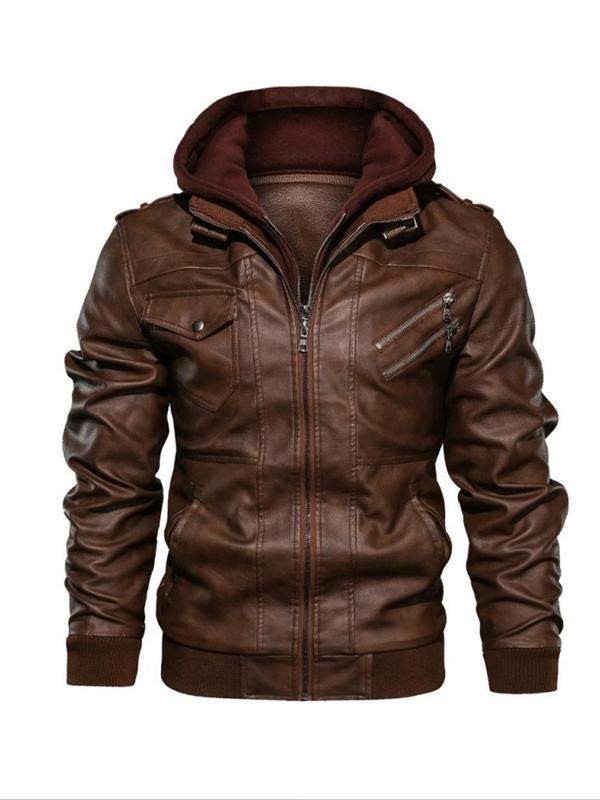 Men's Solid 2 in 1 Pocket Zipper Pu Leather Jacket, Casual Long Sleeve Button Hooded Outerwear for Fall & Winter, Winter Clothes Women, Men's Clothes for Daily Wear