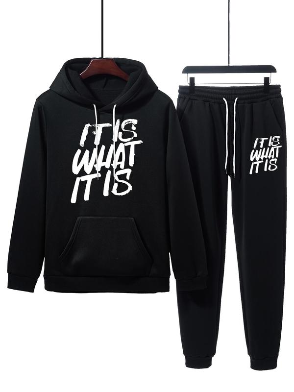 Men's Letter Print Drop Shoulder Drawstring Hoodie & Drawstring Waist Sweatpants Two-piece Set, Regular Fit Casual Breathable Pocket Two Piece Outfits for Daily Workout Running, Men's Clothes for Fall & Winter