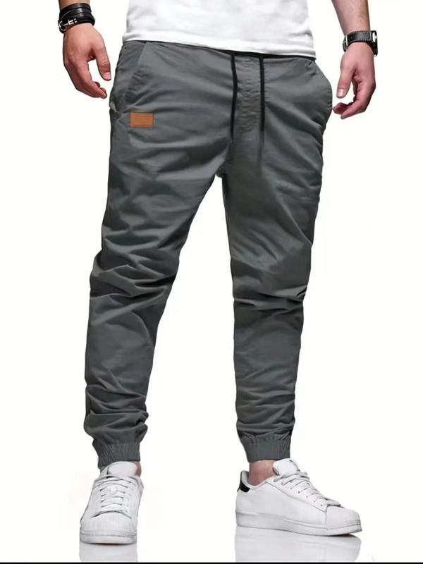 Men's Solid Color Patched Drawstring Waist Jogger Pants, Loose Casual Pocket Trousers for Daily Wear, Fashion Men's Bottoms for All Seasons