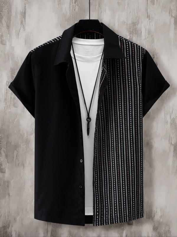 Men's Regular Fit Patchwork Striped Print Button Front Shirt without Tee & Necklace, Casual Short Sleeve Collared Top for Summer, Fashion Men's Streetwear Clothes for Daily Wear