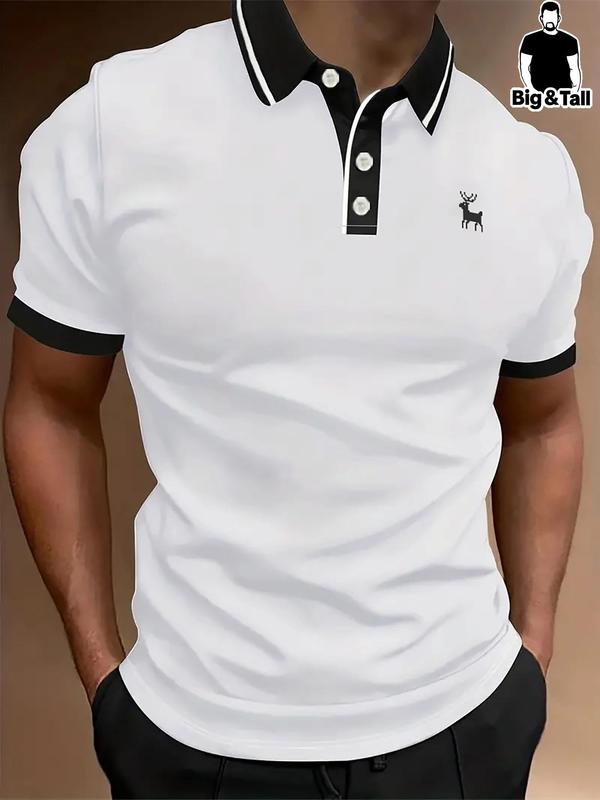 Men's Plus Size Animal Print Contrast Binding Polo Shirt, Loose Casual Short Sleeve Button Front Top for Summer, Men's Plus Size Clothes for Daily Wear