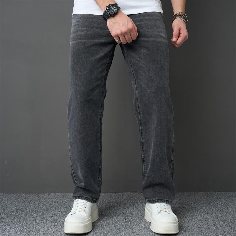 Men Stylish Loose Straight Jeans Trousers High Quality Male Street Style Simple Solid Cotton Casual Denim Pants