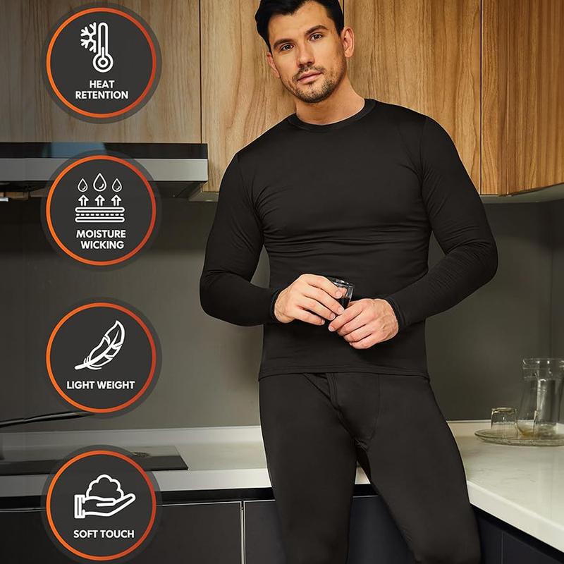 NevEND Long Johns Microfiber Soft Fleece Lined Thermal Underwear for Men Crewneck Set Winter Warm Base Layer Top & Bottom Black S - 2XL Menswear Sweat