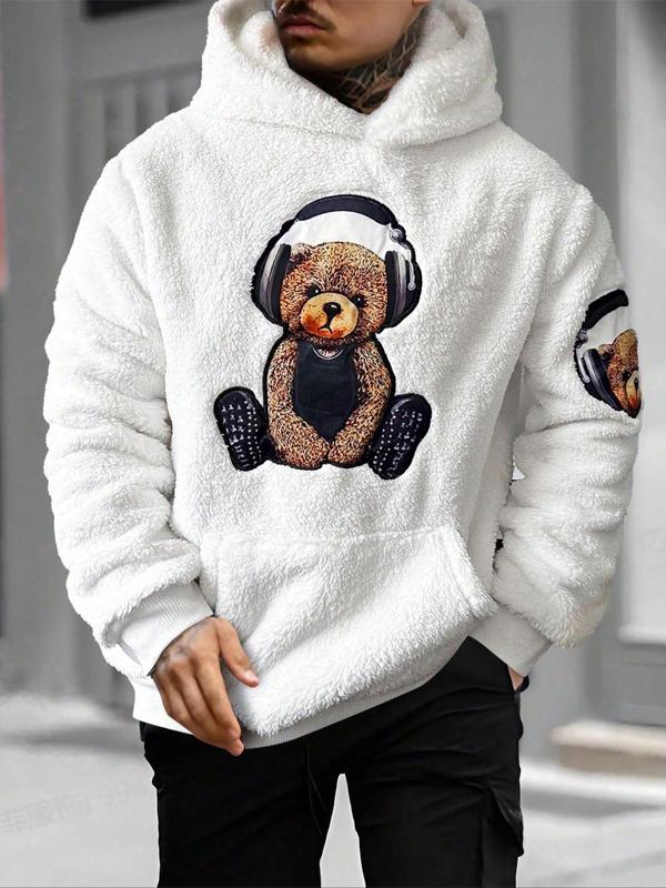 Men's Cartoon Bear Embroidery Pocket Fuzzy Hoodie, Regular Fit Casual Long Sleeve Hooded Sweatshirt for Fall & Winter, Men's Clothes for Daily Wear