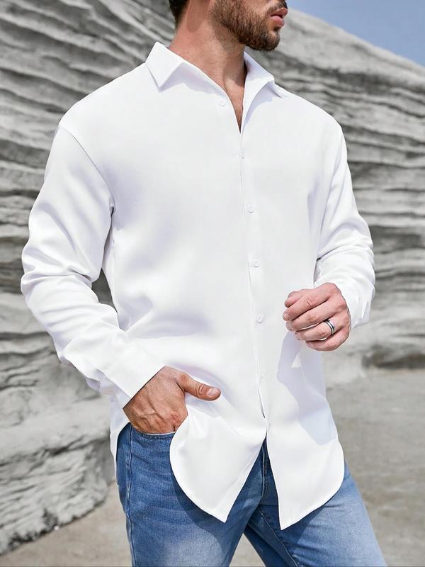  Men's Solid Button Front Shirt, Regular Fit Casual Button Decor Cuff Long Sleeve Collared Top for Spring & Fall, Men's Clothes for Daily Wear