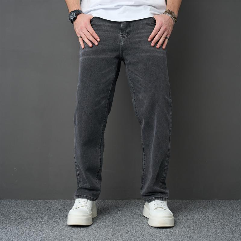 Men Stylish Loose Straight Jeans Trousers High Quality Male Street Style Simple Solid Cotton Casual Denim Pants