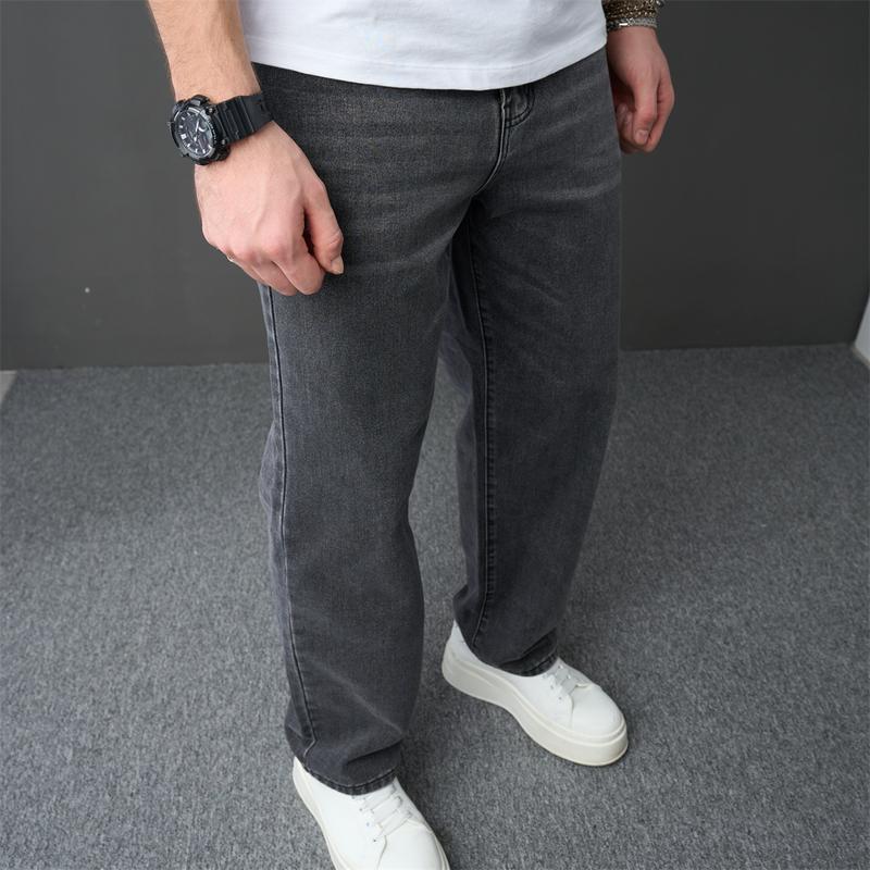 Men Stylish Loose Straight Jeans Trousers High Quality Male Street Style Simple Solid Cotton Casual Denim Pants