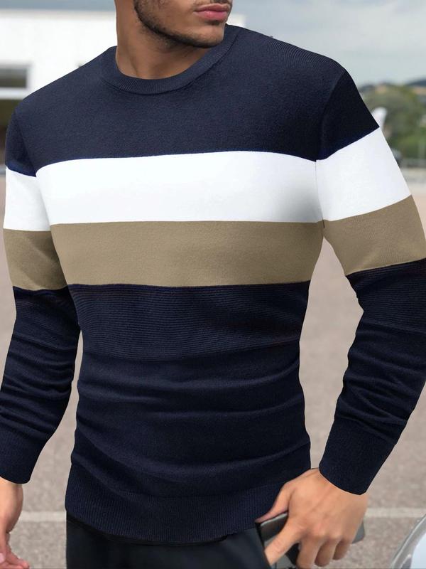 Men's Colorblock Round Neck Sweater, Slim Casual Long Sleeve Crew Neck Jumper for Fall & Winter, Fashion Men's Knitwear for Daily Wear