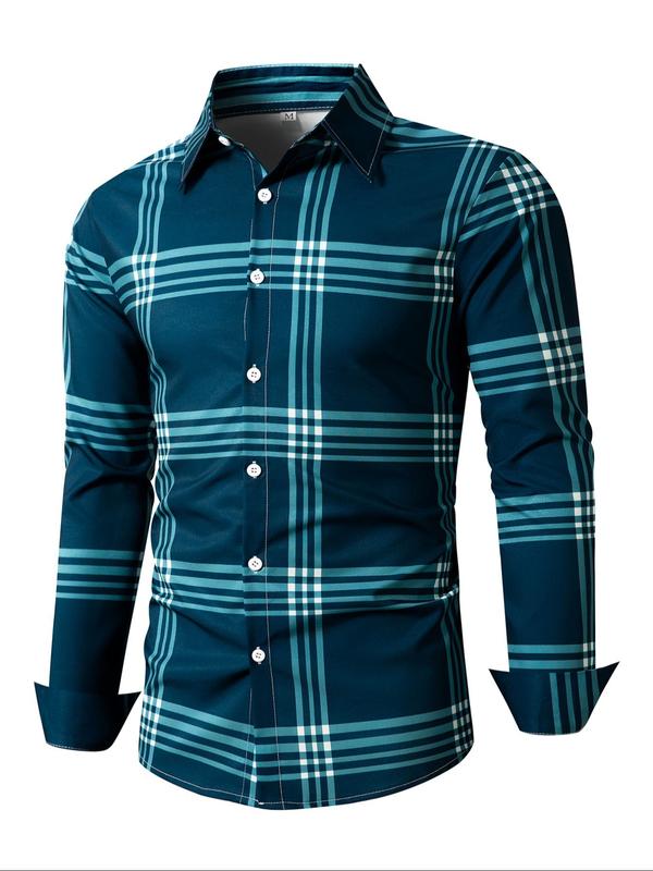 Men's Random Plaid Print Button Front Shirt, Regular Fit Casual Long Sleeve Collared Top for Fall & Winter, Men's Clothes for Daily Wear, Fall Outfits, Fallfreshness,  School Tops