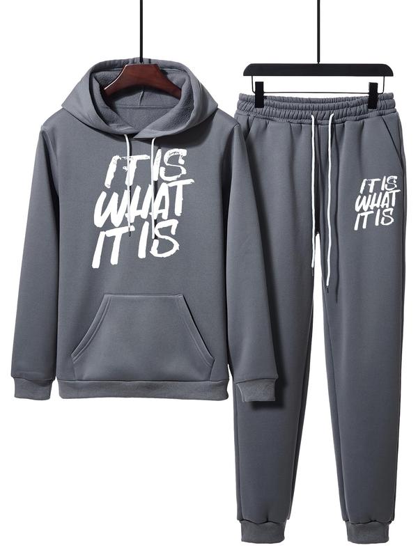 Men's Letter Print Drop Shoulder Drawstring Hoodie & Drawstring Waist Sweatpants Two-piece Set, Regular Fit Casual Breathable Pocket Two Piece Outfits for Daily Workout Running, Men's Clothes for Fall & Winter