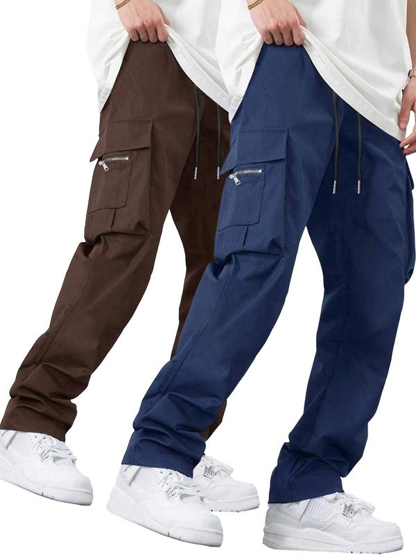 Men's Solid Color Drawstring Waist Cargo Pants, Street Fashion Casual Pocket Trousers for Daily Wear,  Men's Cargo Work Pants,  Men's Bottoms for All Seasons