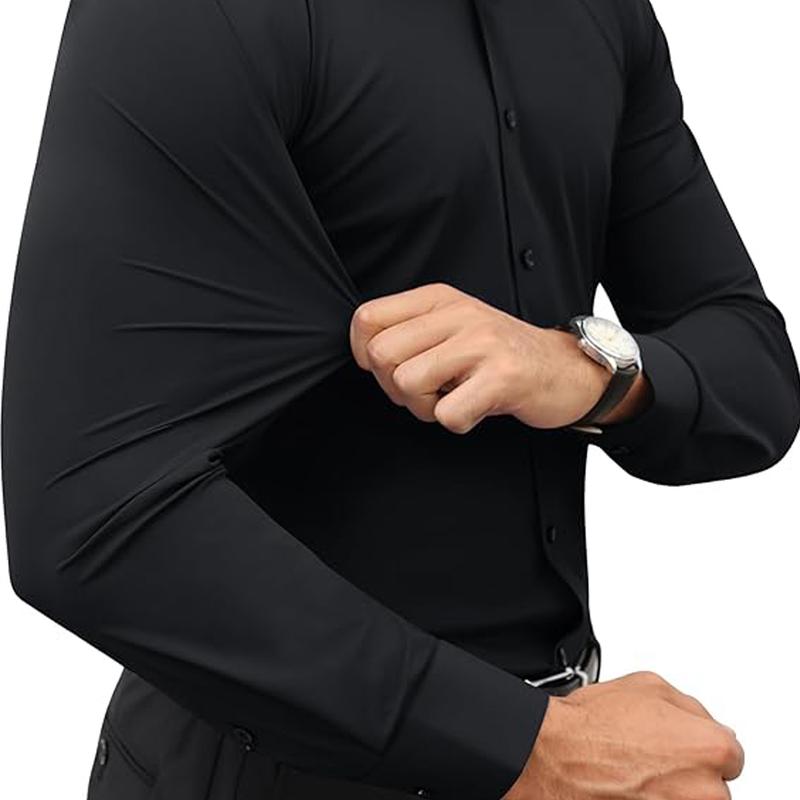 ELENCOCO Men's super  stretchy dress shirt quick-drying breathable anti-wrinkle muscle slim long-sleeved business sports casual shirt Slim-fitting Casual Casual Black Menswear Top Underwear Beige Plain Long Sleeve Collar Longsleeves Collared Wetsuit