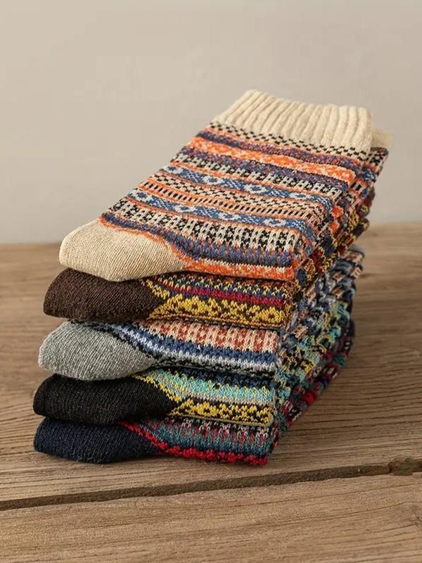 Men's 5 Pairs Ethnic Pattern Crew Socks, Retro Casual Fashion Warm Comfy Socks for Fall & Winter, Men's Socks for Daily Wear