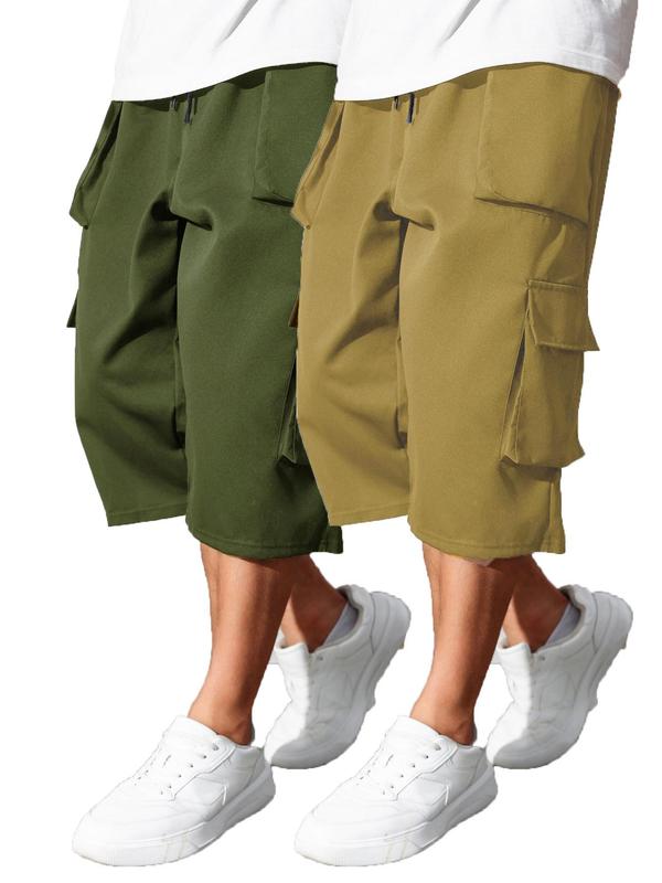  Men's Solid Flap Pocket Drawstring Waist Capri Cargo Pants, Street Regular Fit Capri Mens Shorts Pants for Daily Wear, Mens Pants, Men's Bottoms