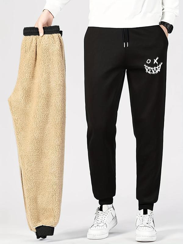 Men's Thermal Lined Graphic Embroidery Drawstring Waist Sweatpants, Casual Regular Fit Pocket Jogger Pants for Daily Wear, Men's Trousers for Winter