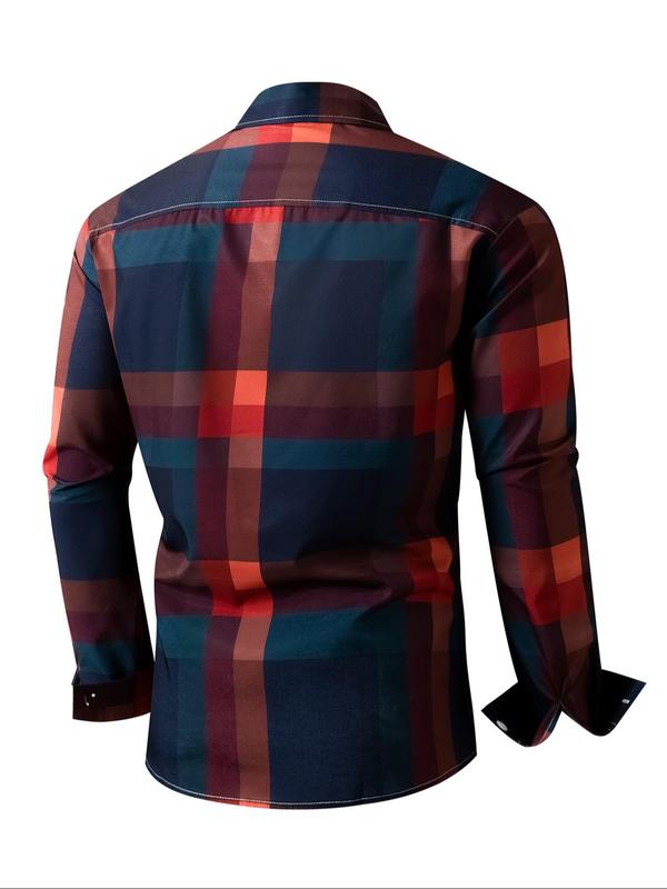 Men's Random Plaid Print Button Front Shirt, Regular Fit Casual Long Sleeve Collared Top for Fall & Winter, Men's Clothes for Daily Wear, Fall Outfits, Fallfreshness,  School Tops