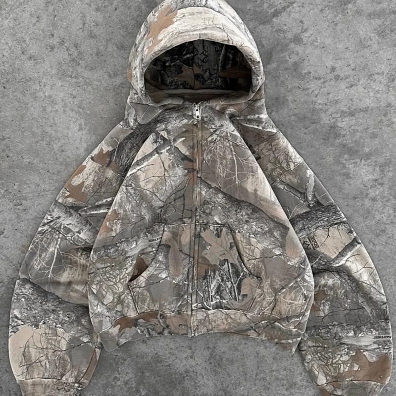 Unisex  Camouflage Zip Hoodies Oversized Hooded Jackets Full Zip Sweatshirts with Pockets Retro Loose Fall Drop Shoulder Hoodies Fashion Menswear camouflage zip