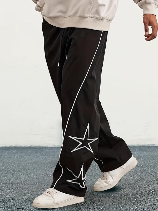  Star Embroidery Drawstring Waist Wide Leg Pants, Casual Elastic Waist Pocket Trousers for Men, Men's Bottoms for Fall & Winter