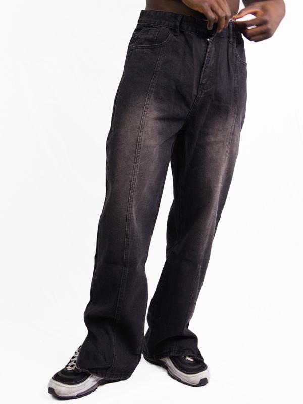 Men's Retro Washed Straight-Leg Jeans with Split Zipper at the Trouser Hem