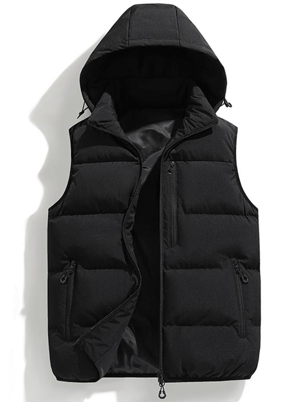 Men's Solid Zip Up Hooded Vest Jacket, Loose Casual Pocket Design Sleeveless Outerwear for Fall & Winter, Men's Clothes for Daily Wear Jacket Vest