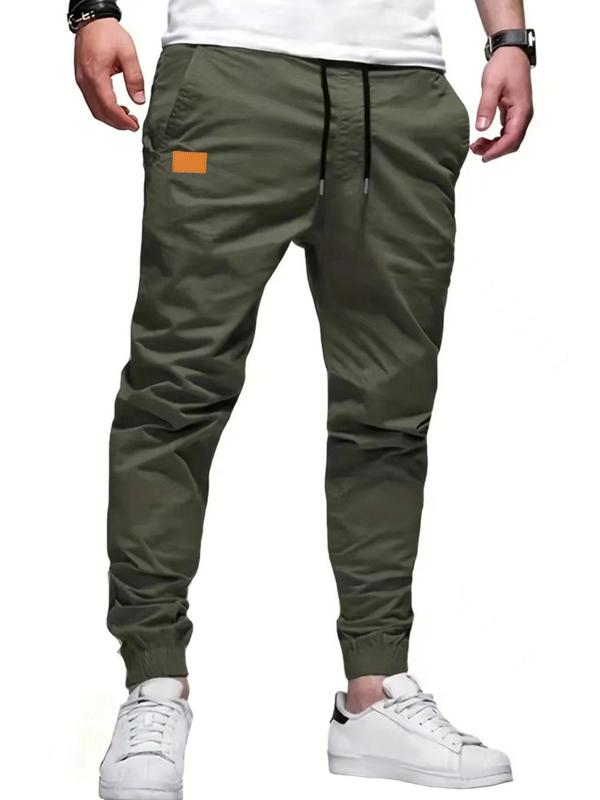 Men's Solid Color Patched Drawstring Waist Jogger Pants, Loose Casual Pocket Trousers for Daily Wear, Fashion Men's Bottoms for All Seasons