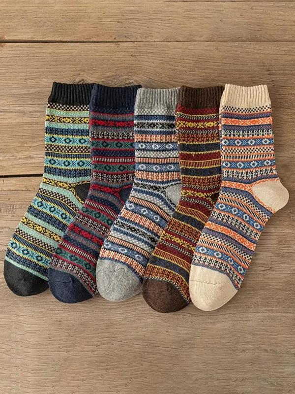 Men's 5 Pairs Ethnic Pattern Crew Socks, Retro Casual Fashion Warm Comfy Socks for Fall & Winter, Men's Socks for Daily Wear