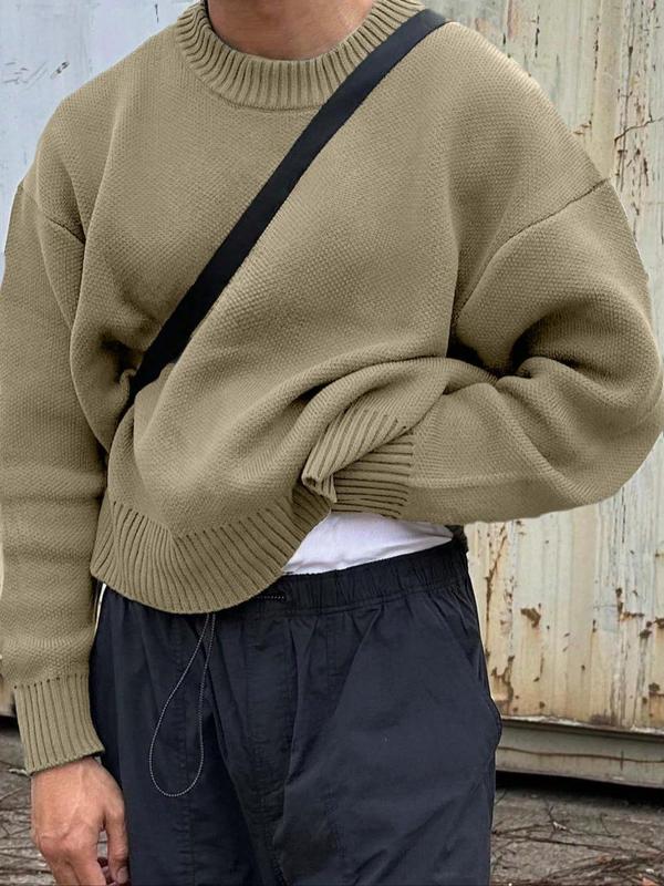 Men's Solid Drop Shoulder  Sweater Pullover, Loose Casual Long Sleeve Round Neck Jumper for Fall & Winter, Fashion Men's Knitwear for Daily Wear