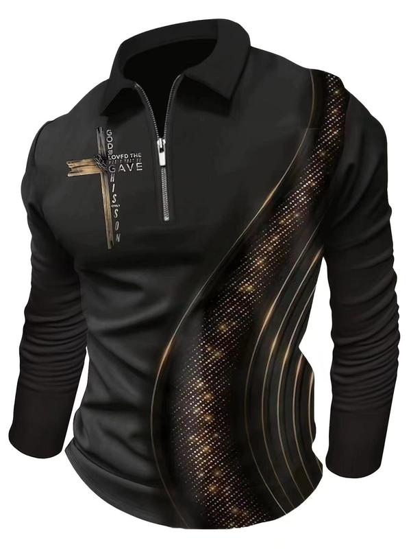 Men's Regular Fit Geometric Print Zipper Polo Shirt, Casual Long Sleeve Collared Top for All Seasons, Fashion Men's Clothes for Daily Wear