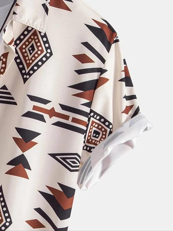 Men's Ethnic Pattern Button Front Shirt, Shirts for Men, Summer Clothes 4th Of July Shirts, Shirts for Men, Casual Loose Geometric Print Short Sleeve Collared Shirt, Back to School Outfits, Men's Top for Summer