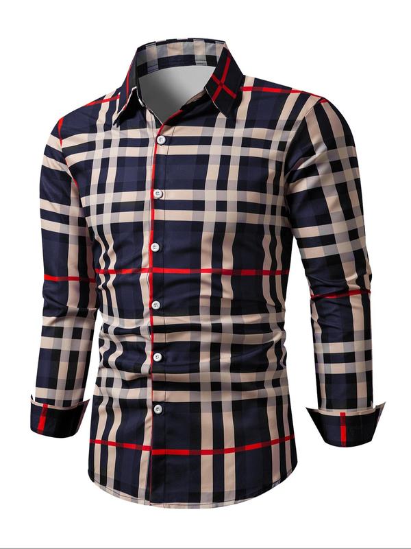 Men's Random Plaid Print Button Front Shirt, Regular Fit Casual Long Sleeve Collared Top for Fall & Winter, Men's Clothes for Daily Wear, Fall Outfits, Fallfreshness,  School Tops