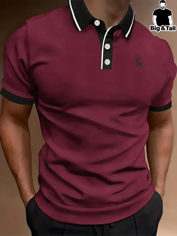 Men's Plus Size Animal Print Contrast Binding Polo Shirt, Loose Casual Short Sleeve Button Front Top for Summer, Men's Plus Size Clothes for Daily Wear