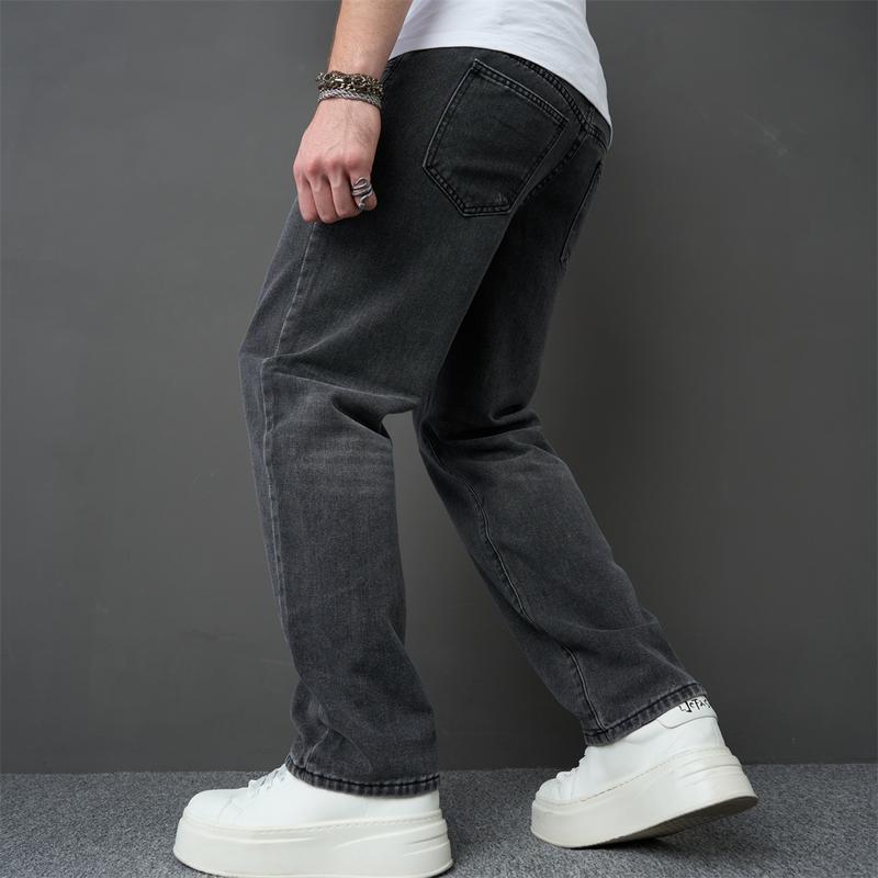 Men Stylish Loose Straight Jeans Trousers High Quality Male Street Style Simple Solid Cotton Casual Denim Pants