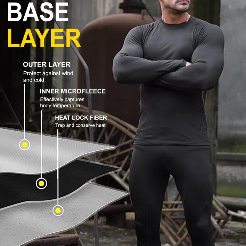 NevEND Long Johns Microfiber Soft Fleece Lined Thermal Underwear for Men Crewneck Set Winter Warm Base Layer Top & Bottom Black S - 2XL Menswear Sweat