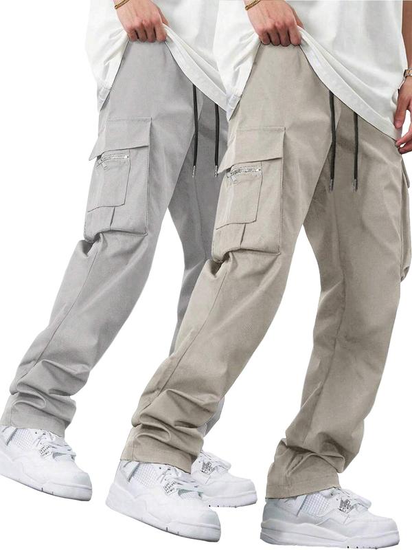 Men's Solid Color Drawstring Waist Cargo Pants, Street Fashion Casual Pocket Trousers for Daily Wear,  Men's Cargo Work Pants,  Men's Bottoms for All Seasons