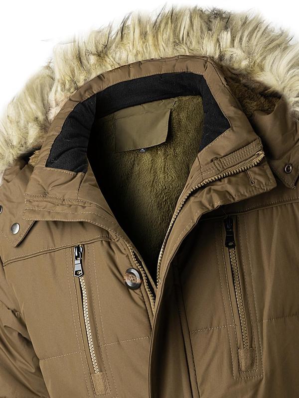 Men's Contrast Faux Fur Button Pocket Zip Up Hooded Jacket, Casual Long Sleeve Thermal Lined Hooded Outerwear for Winter, Men's Clothes for Daily Wear