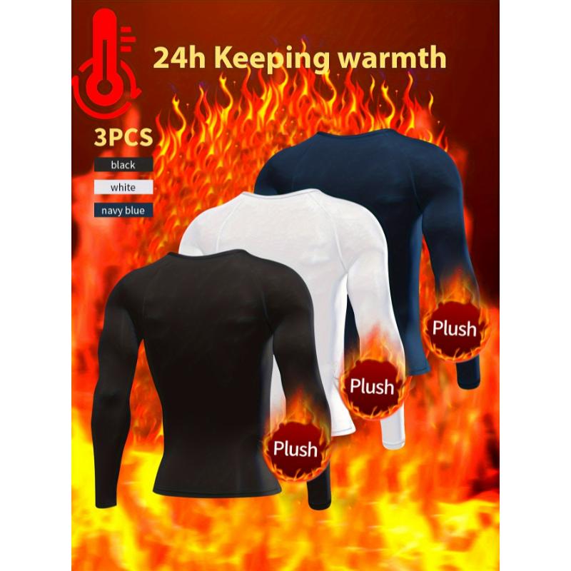 warm 3pcs Men'S Fleece-Lined Thermal Long Sleeve Tops, Comfortable Base Layer Crew Neck Pullovers, High Stretch Solid Color Knit Fabric, Skinny Fit, for Winter Skiing & Hiking, Casual Sports Shirts