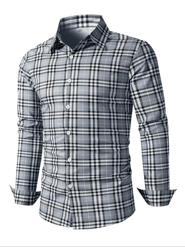 Men's Random Plaid Print Button Front Shirt, Regular Fit Casual Long Sleeve Collared Top for Fall & Winter, Men's Clothes for Daily Wear, Fall Outfits, Fallfreshness,  School Tops