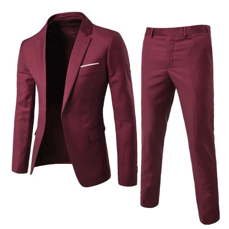 Men's Wedding Suit For Groom Best-Man Groomsman  Pure Color Elegant Blazer Pant Set Slim Men Formal Dress Suit Clothes