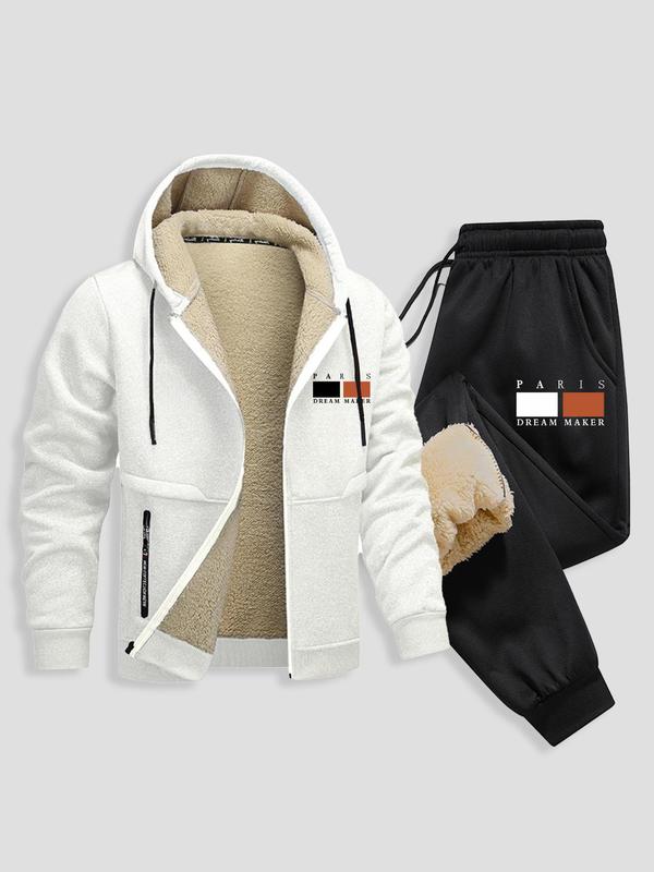 Men's Letter Label Patched Drawstring Zip Up Hoodie & Pocket Sweatpants Two-piece Set, Regular Fit Casual Long Sleeve Hooded Sweatshirt & Jogger Pants for Fall & Winter, Men's Two-piece Outfits for Daily Wear