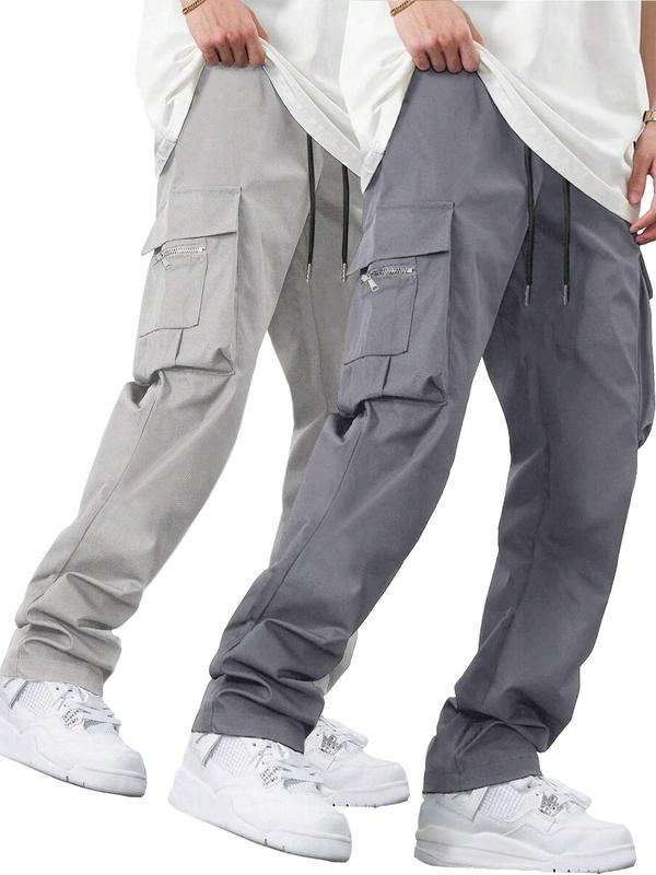 Men's Solid Color Drawstring Waist Cargo Pants, Street Fashion Casual Pocket Trousers for Daily Wear,  Men's Cargo Work Pants,  Men's Bottoms for All Seasons