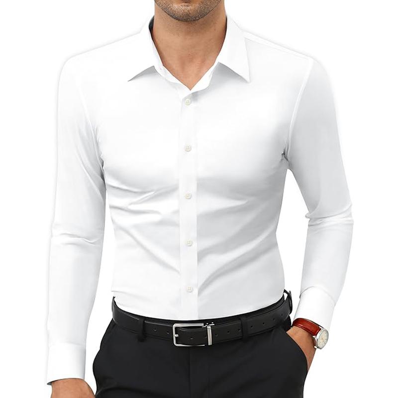 ELENCOCO Men's super  stretchy dress shirt quick-drying breathable anti-wrinkle muscle slim long-sleeved business sports casual shirt Slim-fitting Casual Casual Black Menswear Top Underwear Beige Plain Long Sleeve Collar Longsleeves Collared Wetsuit