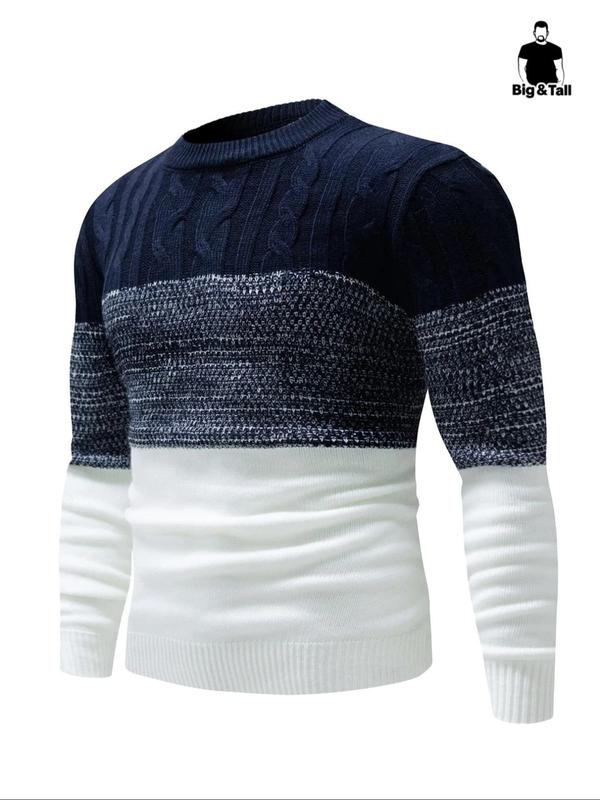  Colorblock Round Neck Sweater, Regular Fit Casual Long Sleeve Jumper for Fall & Winter, Men's Knitwear for Daily Wear